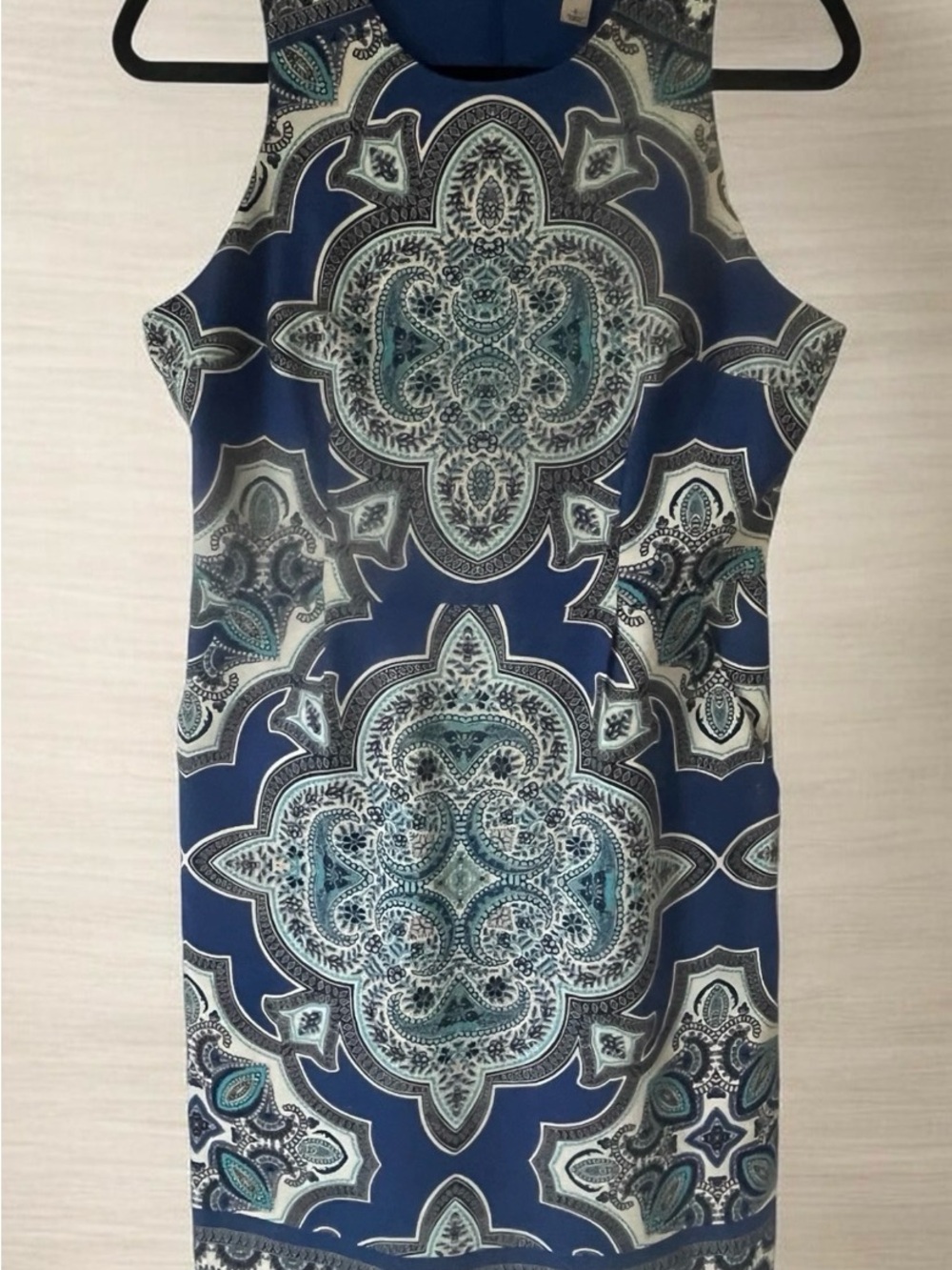 Sleeveless Blue Medallion Sheath Dress